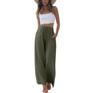 NWT Linen Wide Leg Pants Womens Large Army Green Coastal Resort Flowy Trousers